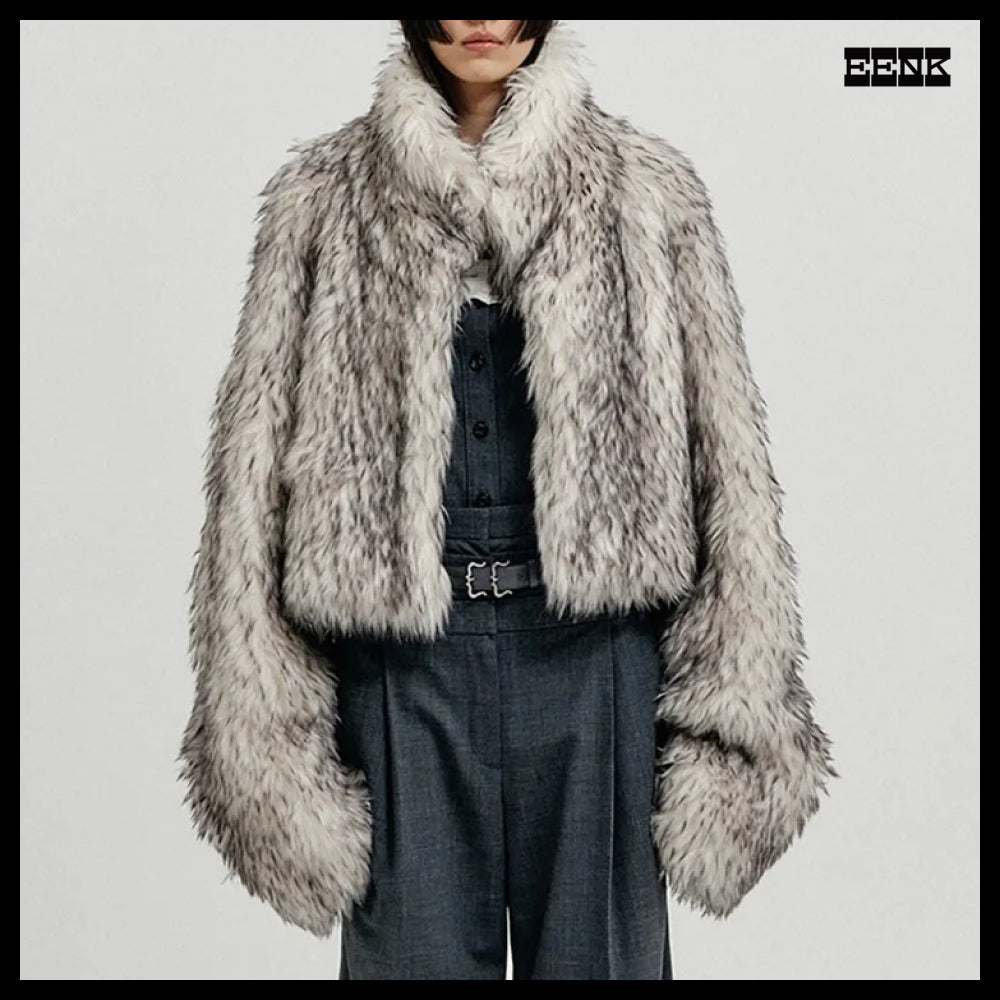 【EENK】FAUX FUR SHORT COAT Light Grey