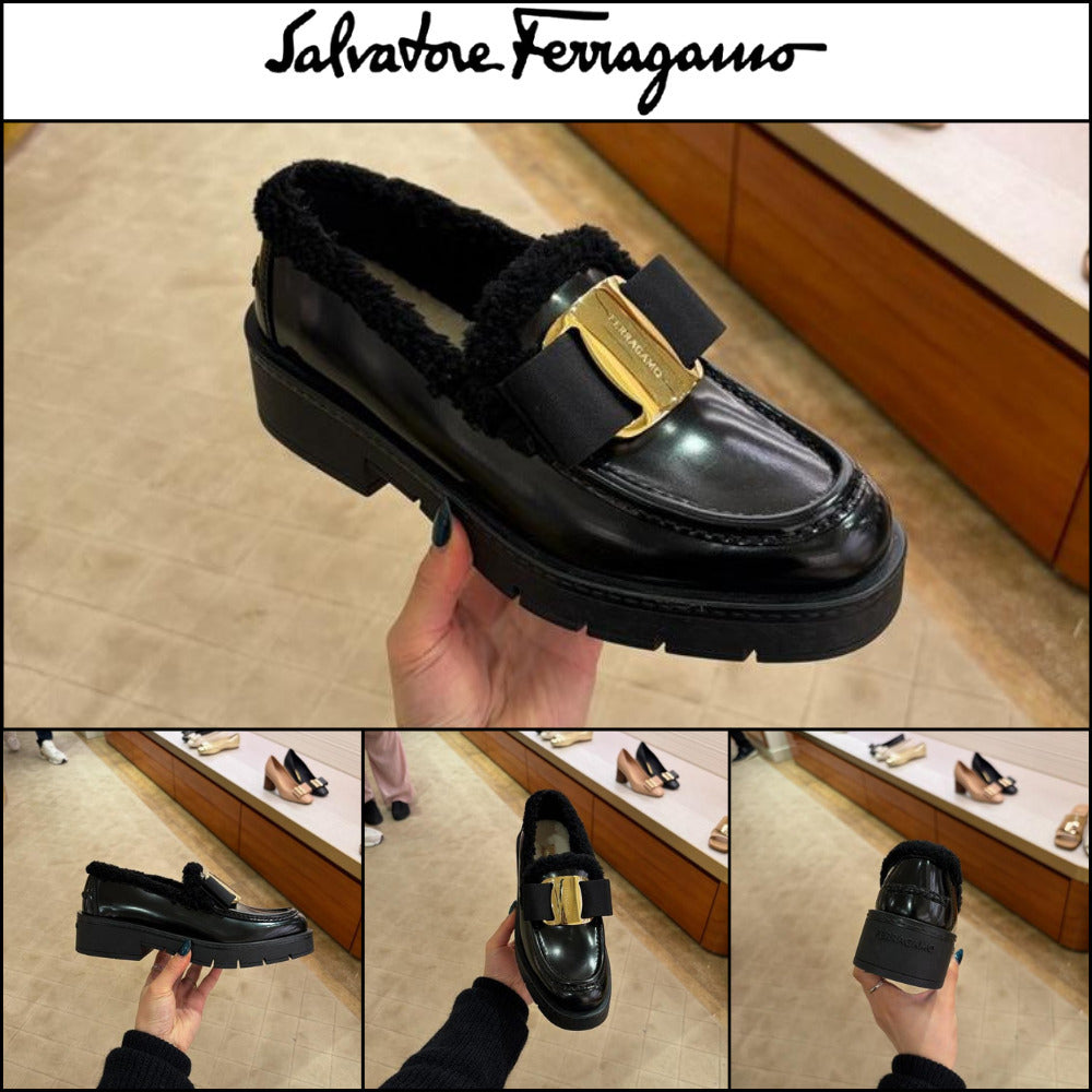【FERRAGAMO】MIRTY FUR VARA BOW SHEARLING LOAFERS BLACK