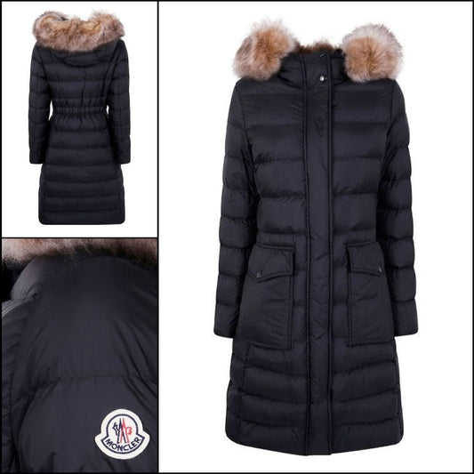◆MONCLER◆PATCH LOGO HOODED FUR BELTED LONG DOWN COAT BLACK