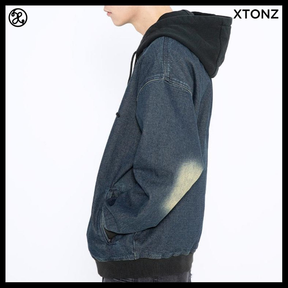 【XTONZ】VINTAGE WASHING STAR DENIM HOODED ZIP-UP 2COLORS