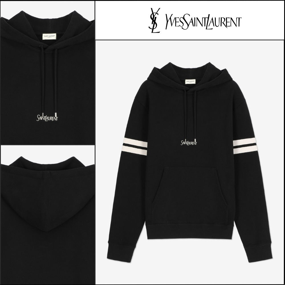 【Saint Laurent】Classic Small Logo Stripe Trim Hoodie Black