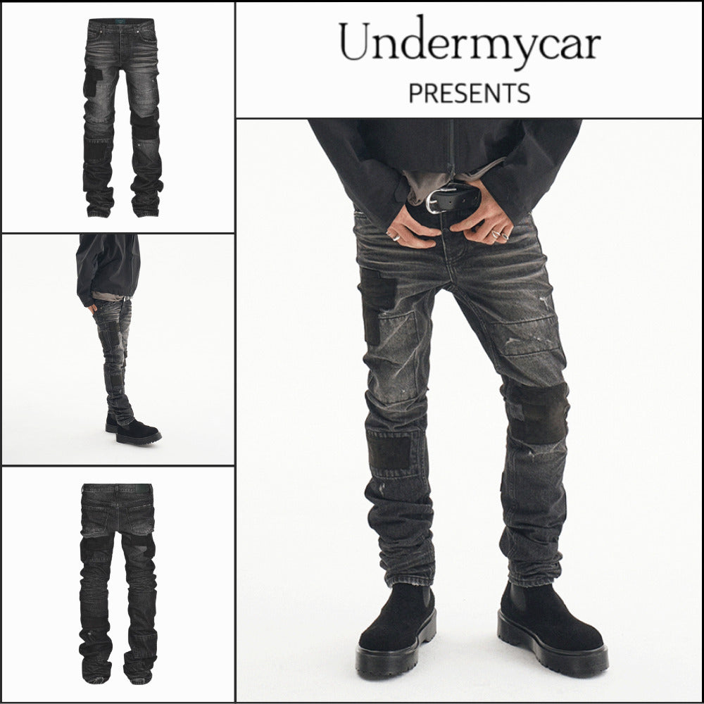 【Undermycar】Notre Dame Patched Grunge Slim Jeans Washed