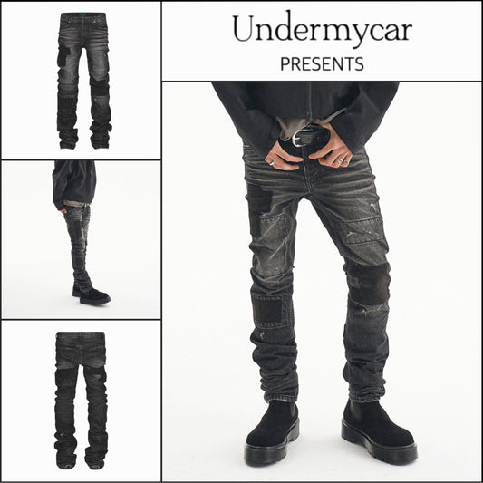 【Undermycar】Notre Dame Patched Grunge Slim Jeans Washed