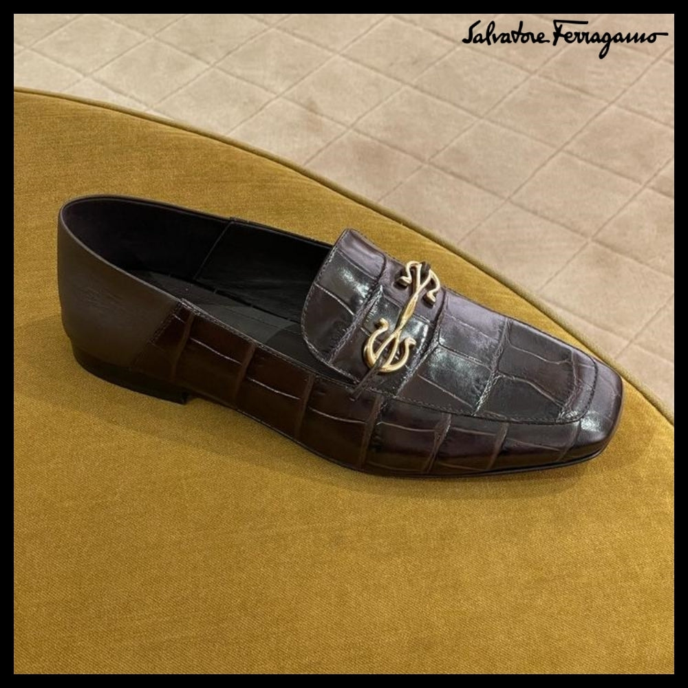 【FERRAGAMO】LOUIS GANCINI CROC PATTERN LOAFERS DARK BROWN