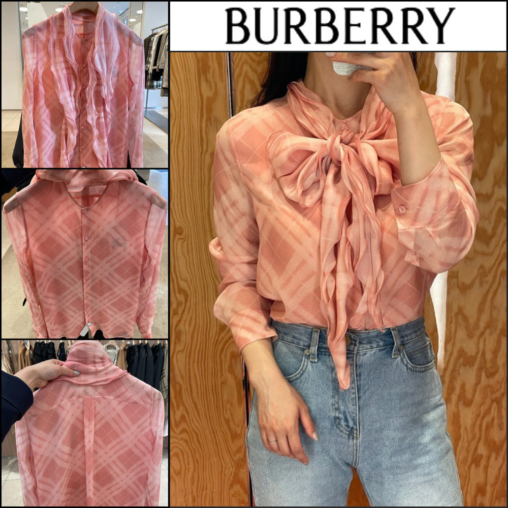 【Burberry】Ruffle Check Silk Blouse Candy