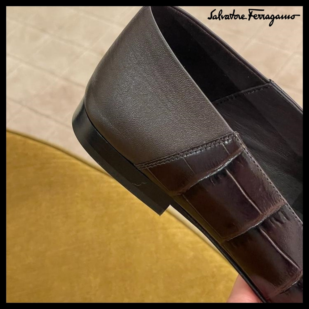 【FERRAGAMO】LOUIS GANCINI CROC PATTERN LOAFERS DARK BROWN