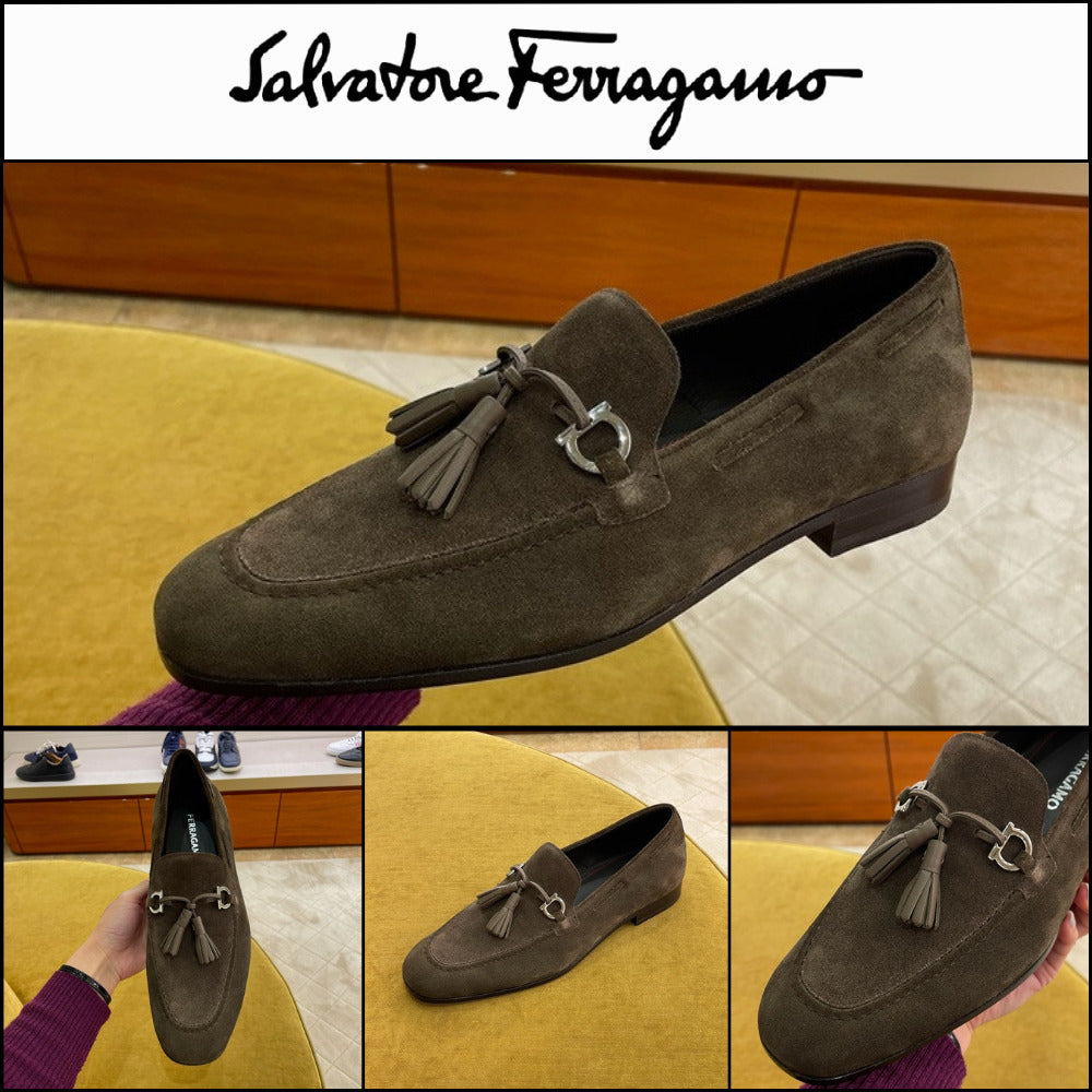 【FERRAGAMO】BASILEA 2 GANCINI TASSEL SUEDE LOAFERS BROWN