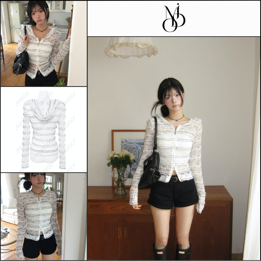 【MODIMOOD】Sheet Lace Hoodie Zip-Up Cardigan