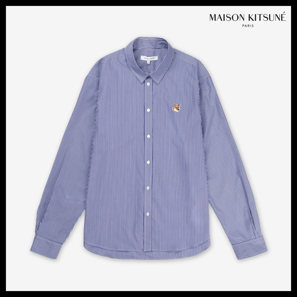 【MAISON KITSUNE】Fox Head Patch Classic Stripe Shirt Navy