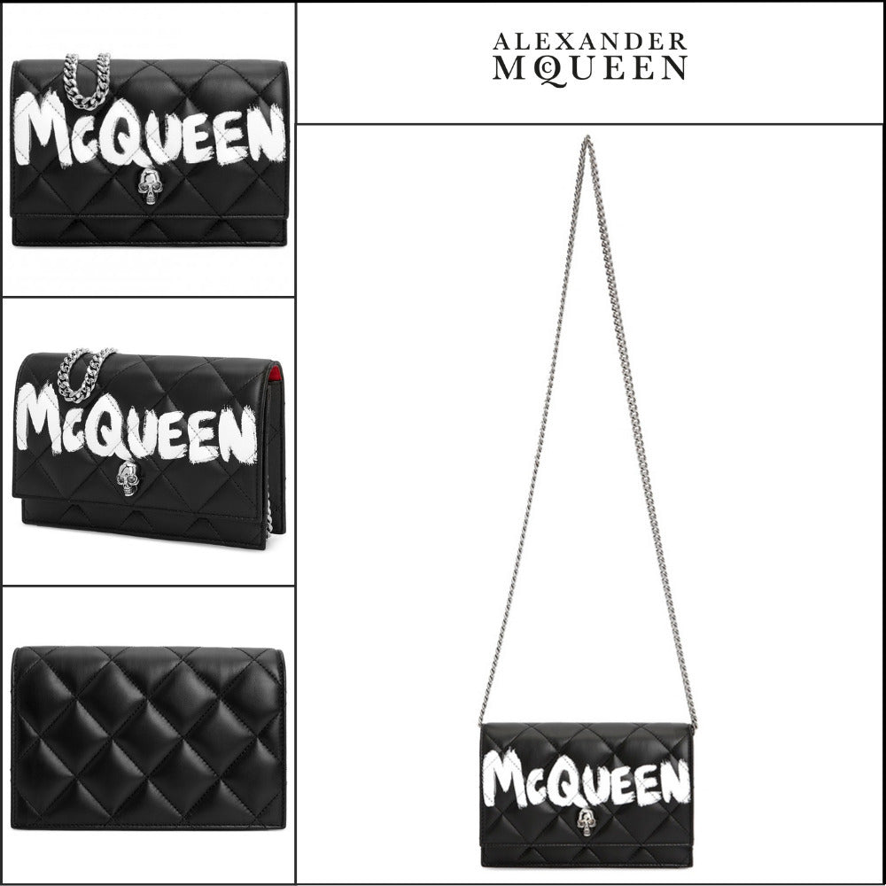【Alexander Mcqueen】Small Graffiti Logo Skull Quilted Chain