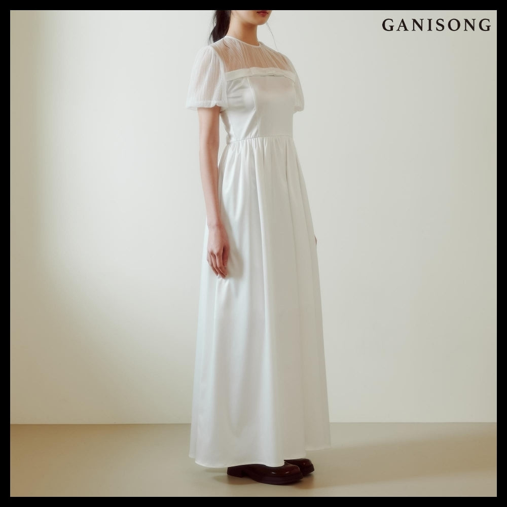 【GANISONG】Bridal Sheer Ribbon Line Dress White