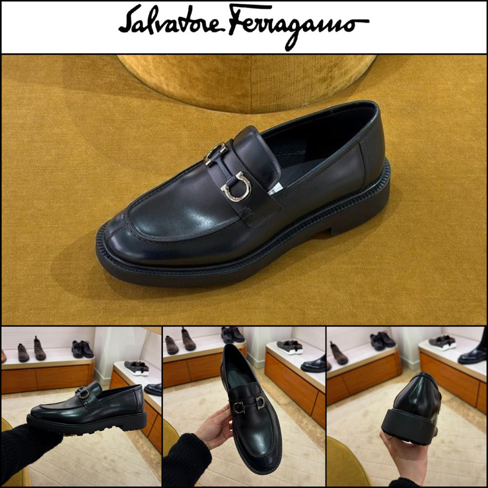 【FERRAGAMO】GLOBO DOUBLE GANCINI LEATHER LOAFERS NAVY