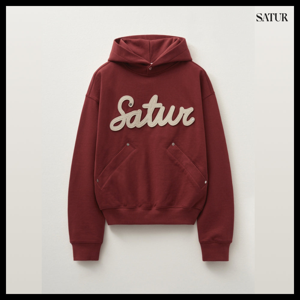【SATUR】Applique Rivet Hoodie Burgundy