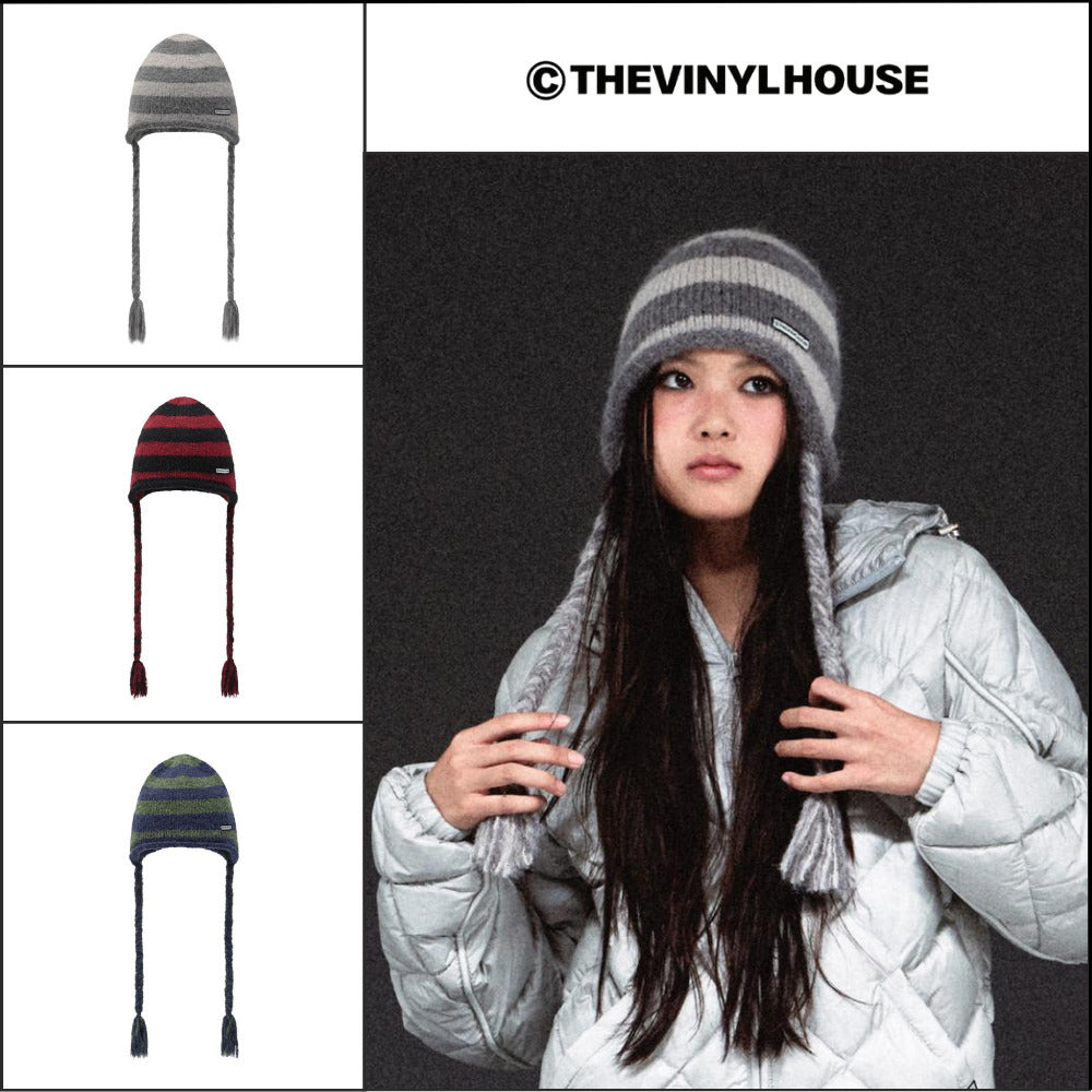 【THEVINYLHOUSE】Ear flap stripe beanie (3 colors)