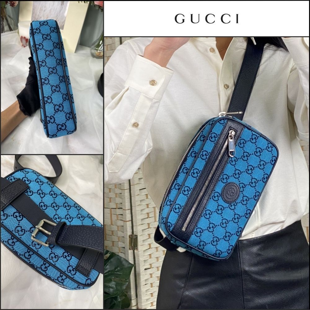 【GUCCI 】New Canvas GG Pattern Belt Bag BLUE