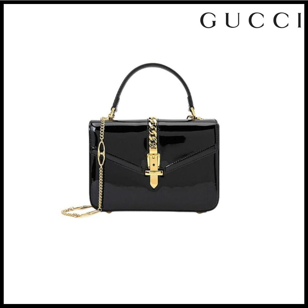 【gucci】Sylvie 1969 Patent Mini Top Handle Bag Black