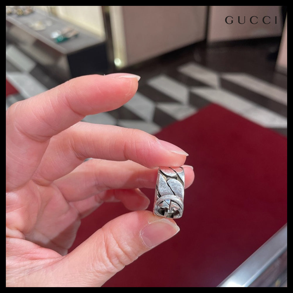 【GUCCI】Interlocking G Chain Wide Ring Silver