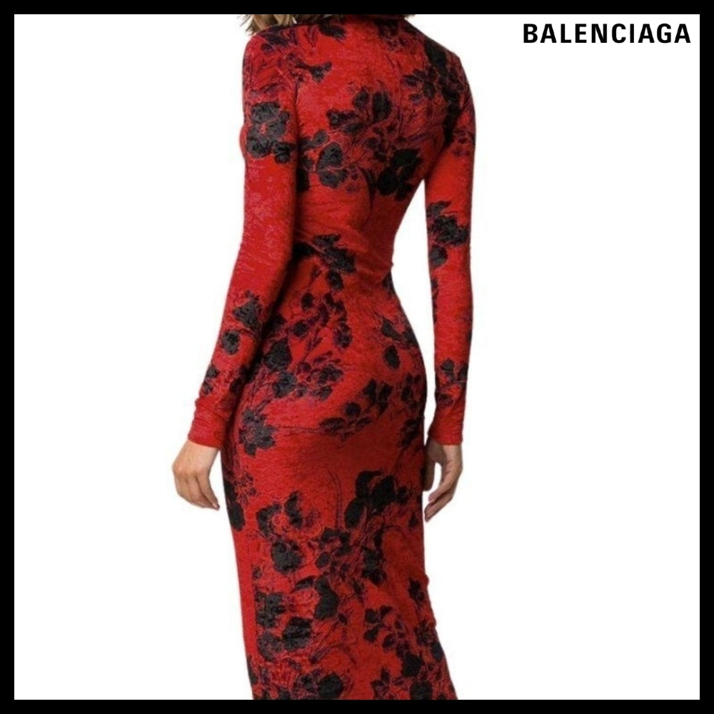 【Balenciaga】Floral-Print Turtleneck Dress