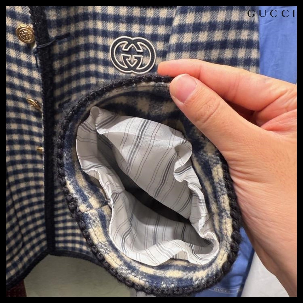 【GUCCI】Interlocking G Patch Gingham Check Wool Jacket