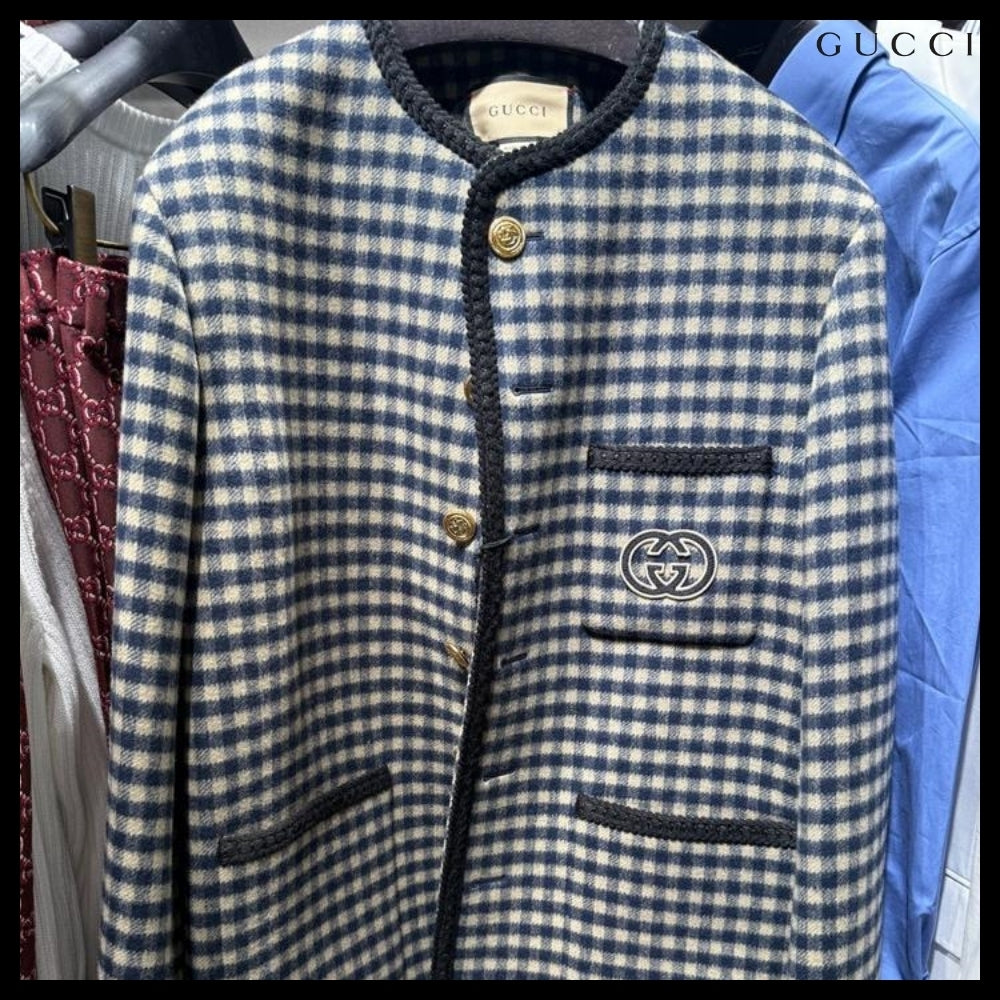 【GUCCI】Interlocking G Patch Gingham Check Wool Jacket