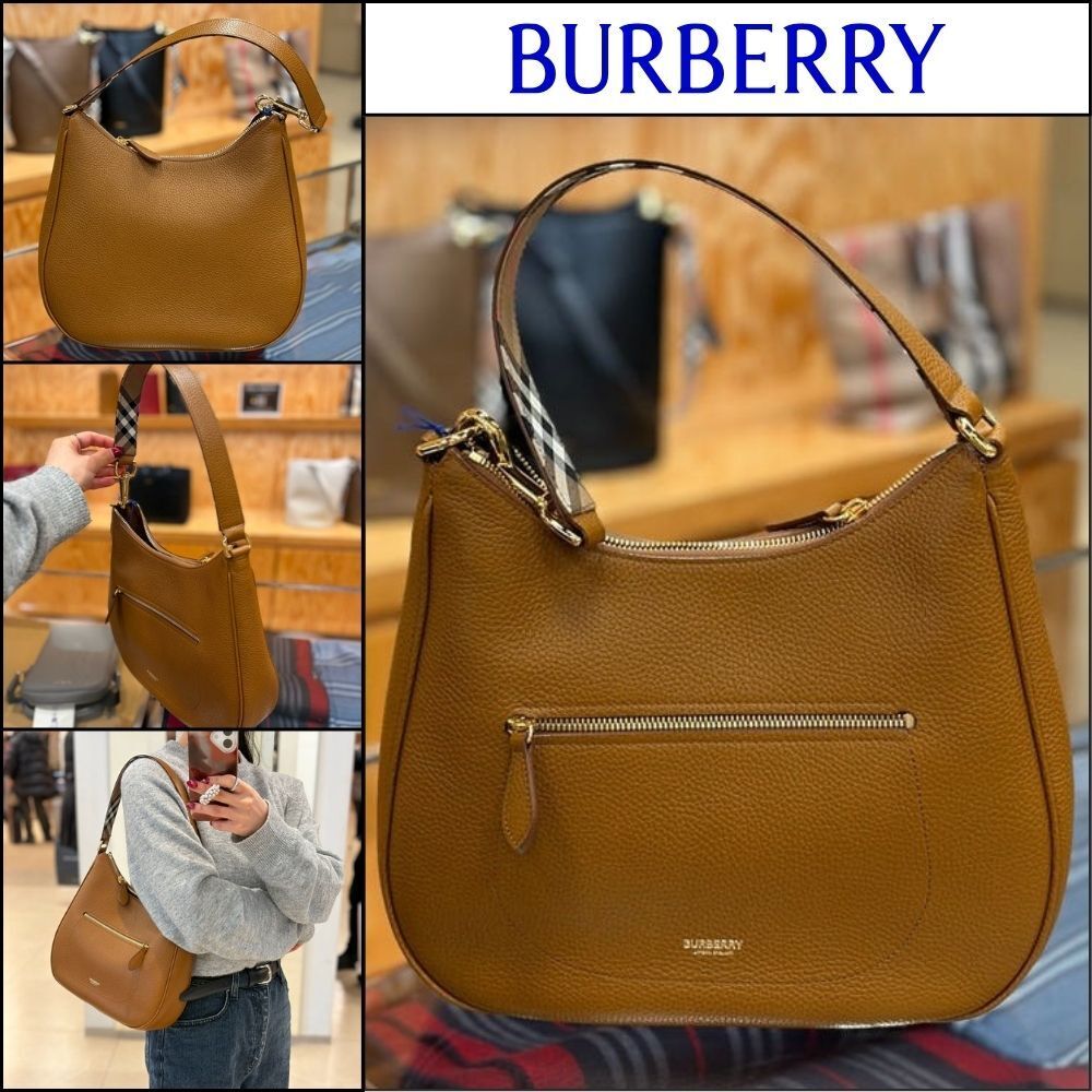 【Burberry】Grain Leather Hobo Shoulder Bag Tawny Brown