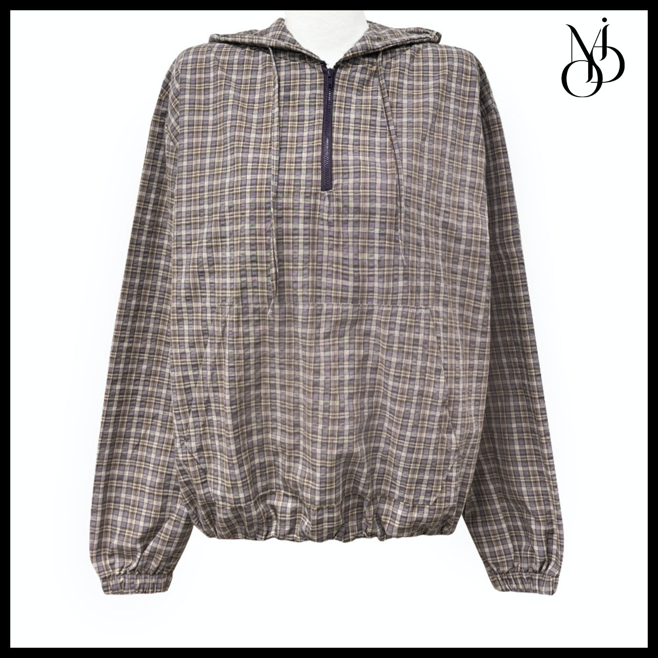 【MODIMOOD】Bay Check Windbreaker Hoodie Half Zip-Up 4Colors