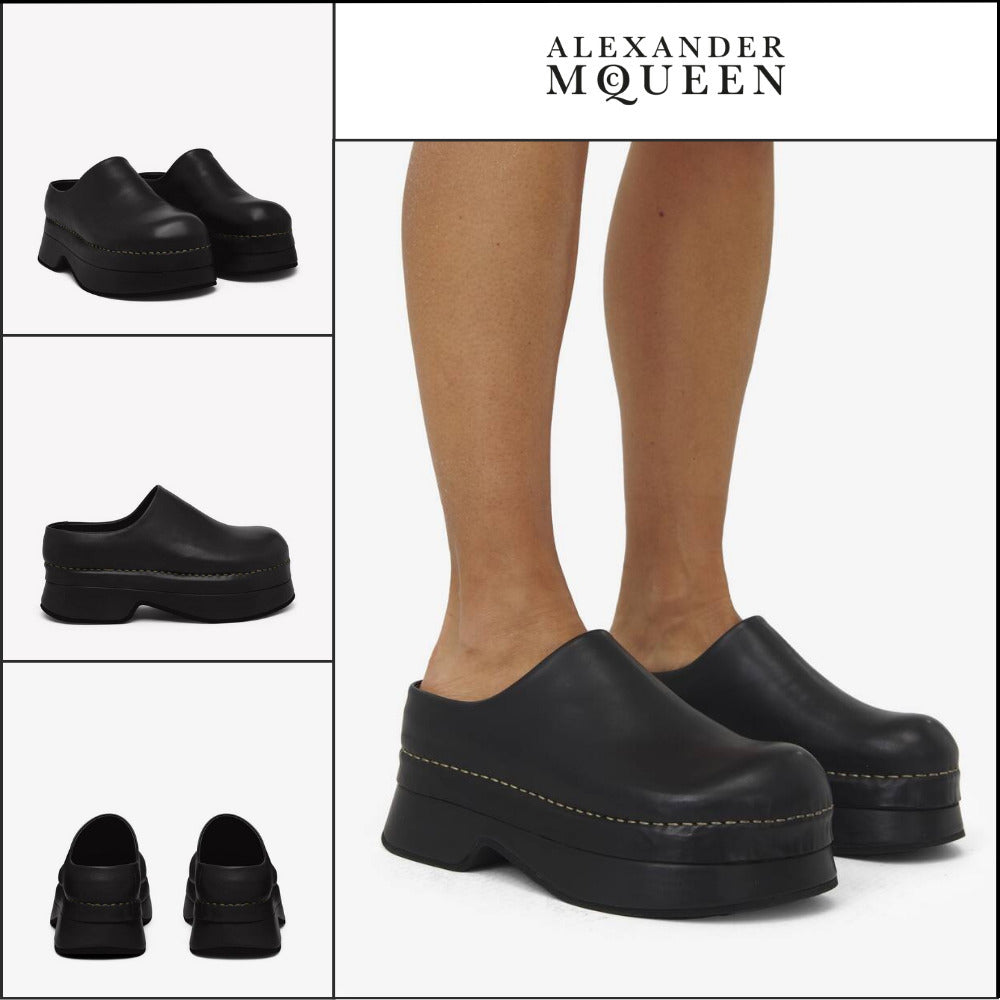 【Alexander Mcqueen】Black Calf Leather Stone Clog