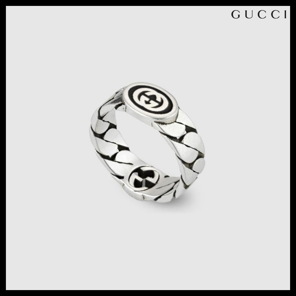 【GUCCI】Interlocking Enamel Chain Wide Ring BLACK