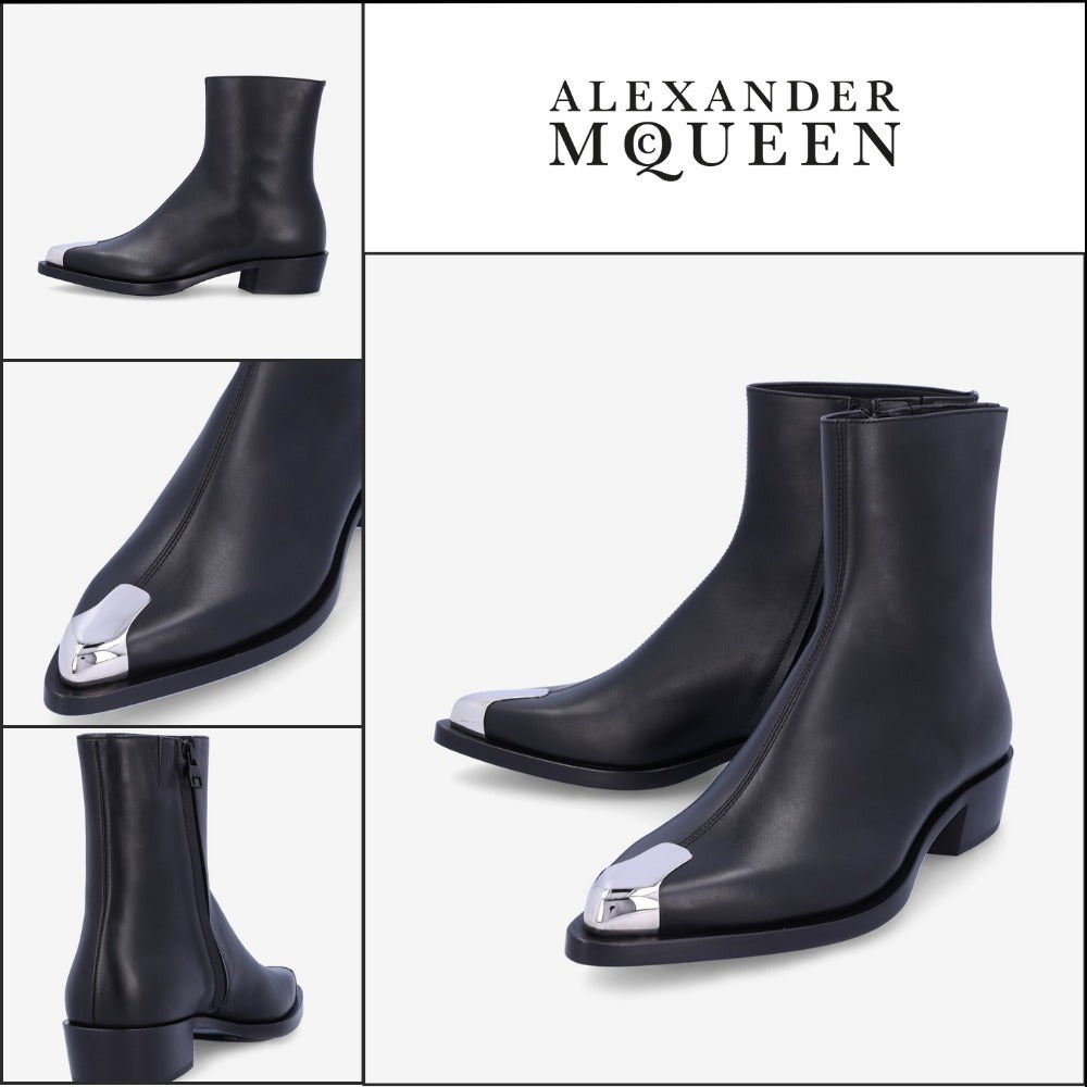 【alexander mcqueen】Punk Metal Toe Cap Ankle Boots Black