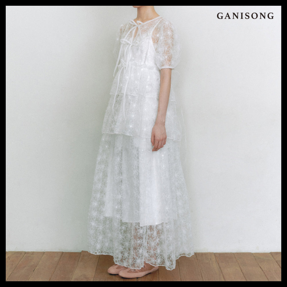 【GANISONG】Bridal Meringue Flower Dress White
