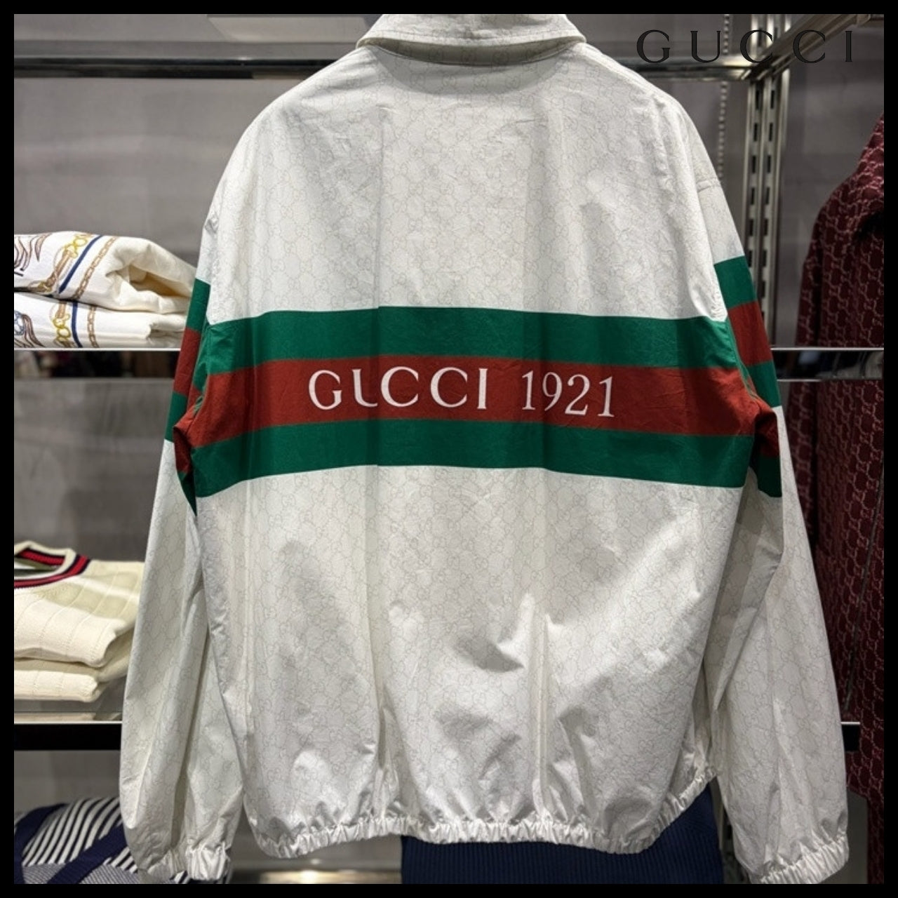 【GUCCI】1921 GG Print Web Cotton Blouson Jacket White Green