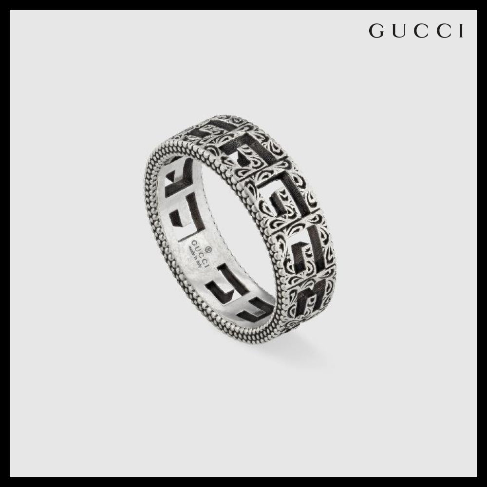 【GUCCI】Square G Sterling Wide Ring SILVER BLACK