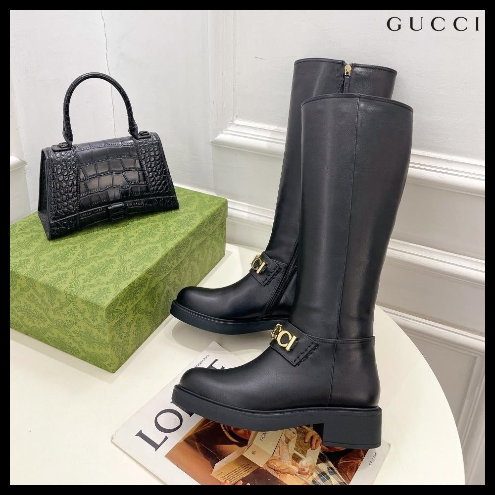 【GUCCI】Metal Logo Leather Zip Women's Long Boots Black