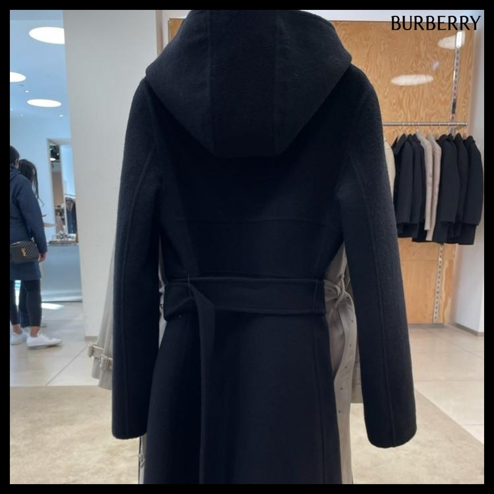 【Burberry】Women's Belted Wool Cashmere Hooded Coat Black