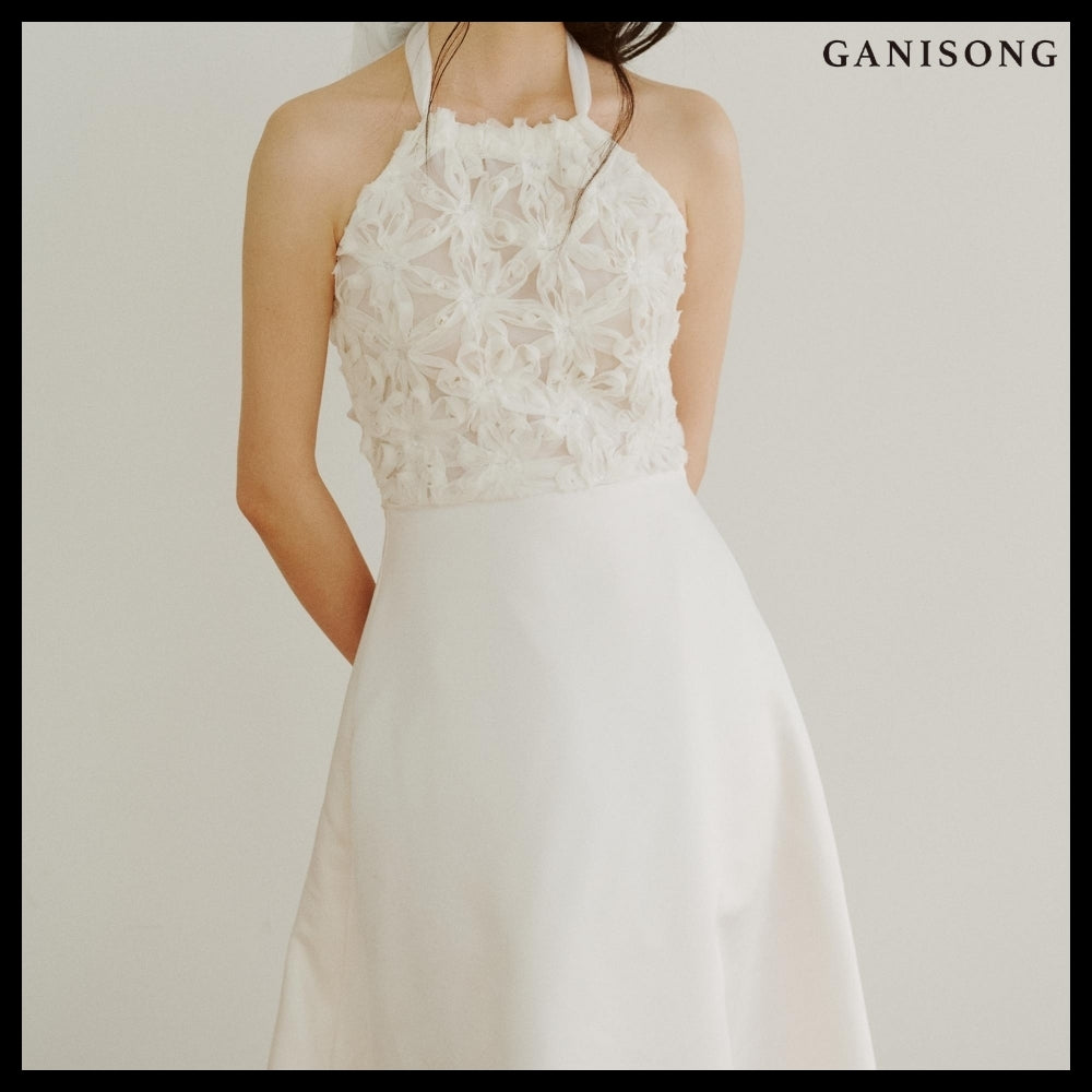 【GANISONG】Bridal Fluffy Rose Halterneck Dress White