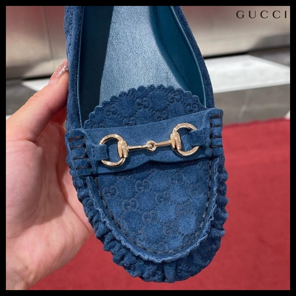 【GUCCI】Kensington GG Horsebit Suede Ballerina Flats Blue