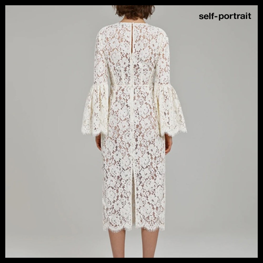 【SELF PORTRAIT】Ivory Cotton Lace Midi Dress