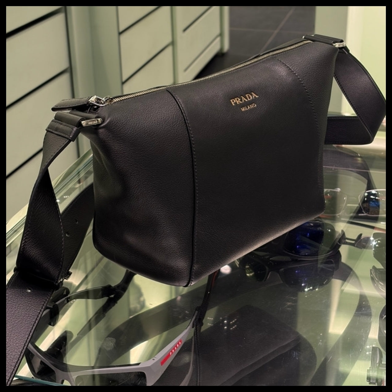 【PRADA】Soft Grained Leather Zipper Crossbody Bag BLACK