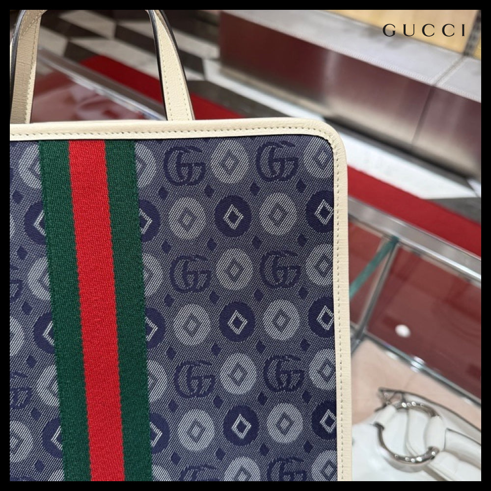 【GUCCI】GG Dot Jacquard Web Stripe Denim Tote Bag Blue