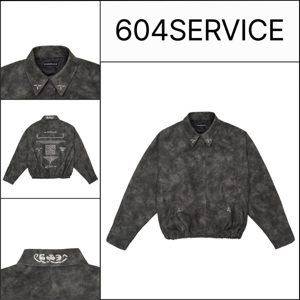 【604service】EMBROIDERED LEATHER JACKET IN CHARCOAL