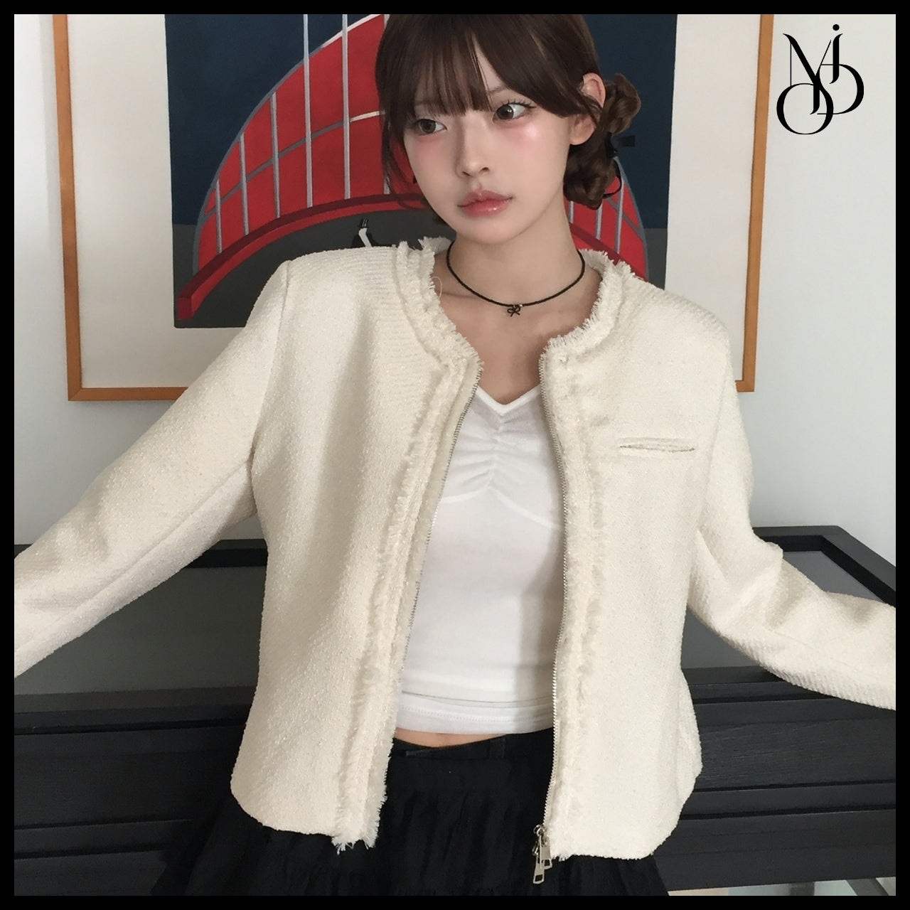 【MODIMOOD】Rudy Round Neck Zip-Up Fringe Tweed Jacket