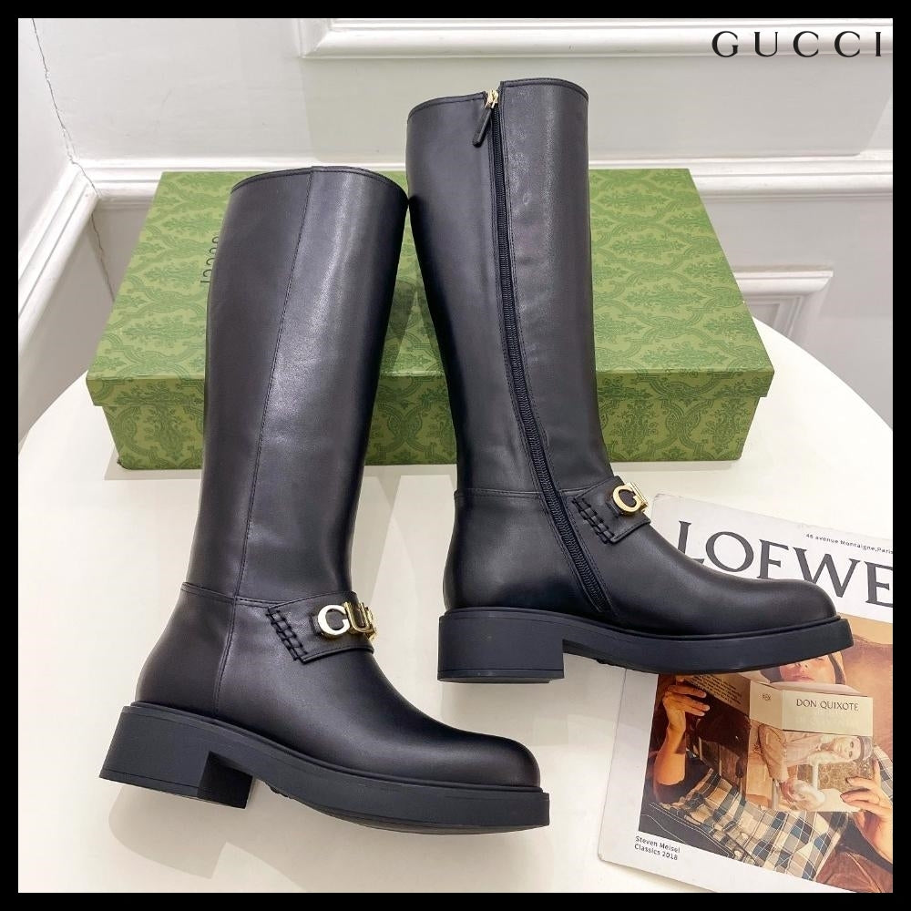 【GUCCI】Metal Logo Leather Zip Women's Long Boots Black