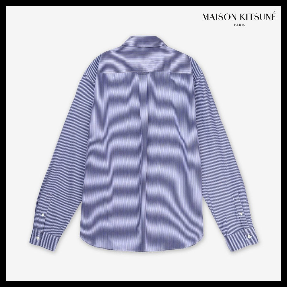 【MAISON KITSUNE】Fox Head Patch Classic Stripe Shirt Navy