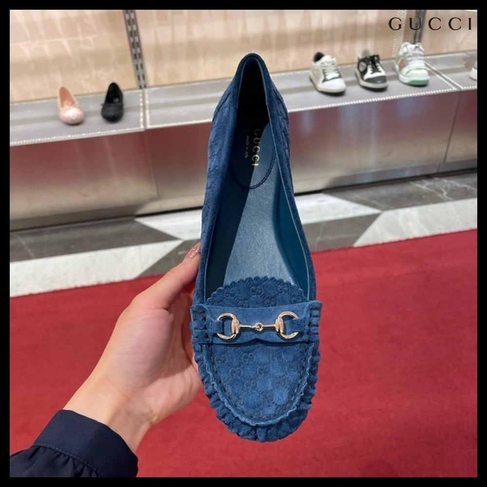 【GUCCI】Kensington GG Horsebit Suede Ballerina Flats Blue