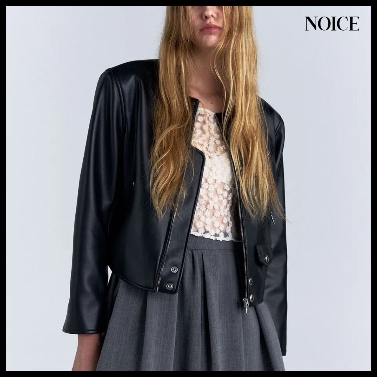 【NOICE】W Motorcycle Faux Leather Jacket Black