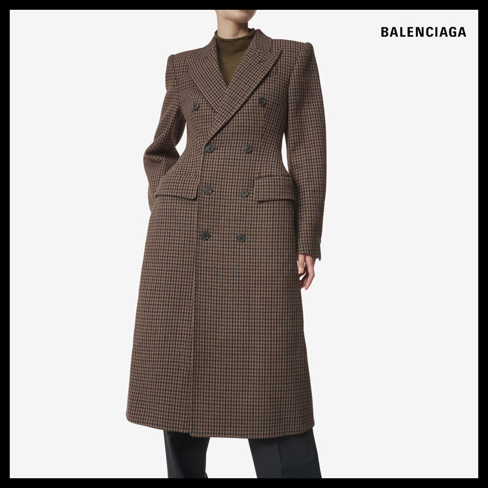 【BALENCIAGA】Hourglass Check Pattern Double-Breasted Coat