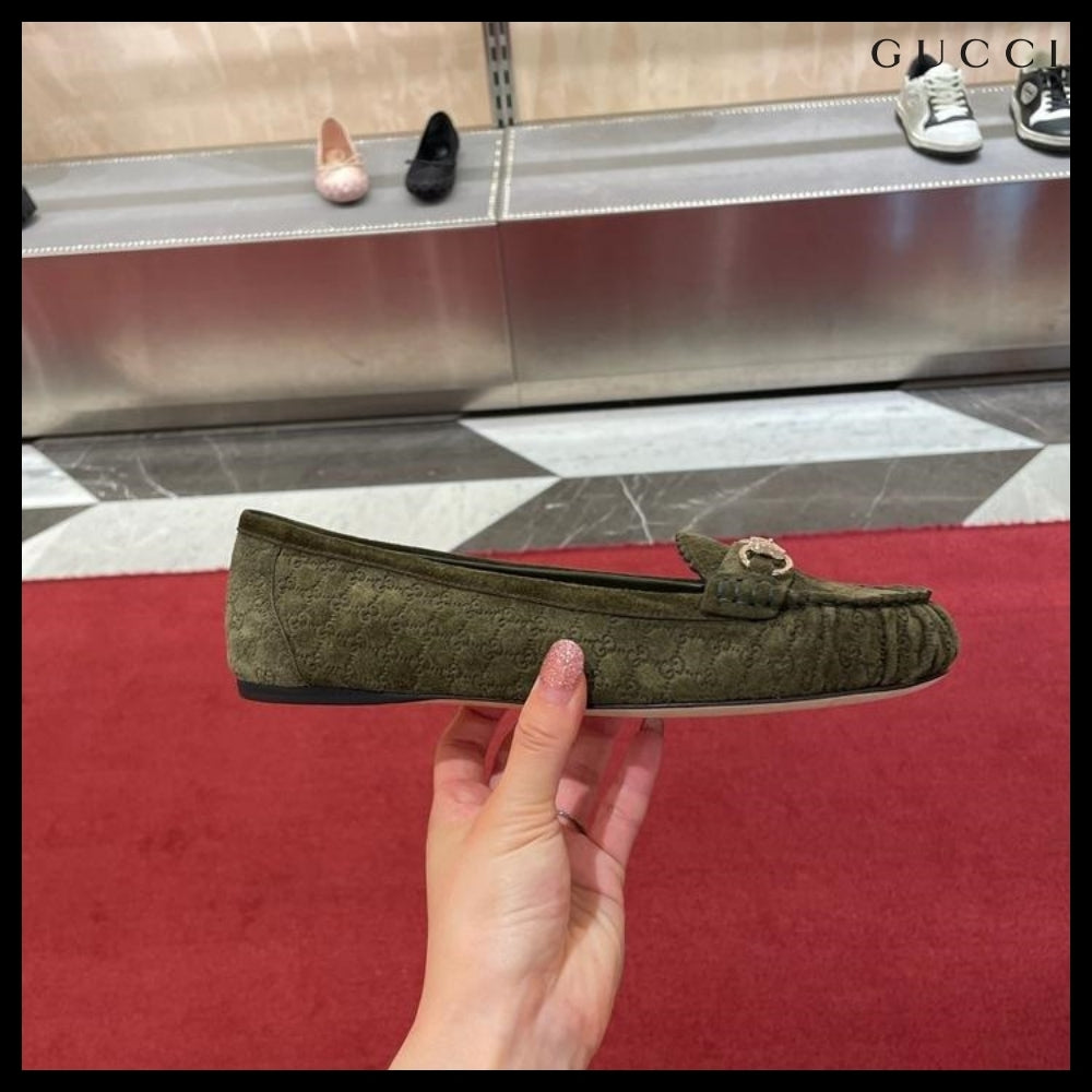 【GUCCI】Kensington GG Horsebit Suede Ballerina Flats Khaki
